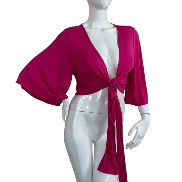 Zenana Chic vibrant Fuchsia Tie-Front blouse shirt swim dopamine wear NWT sz XL - Picture 10 of 13